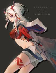 Rule 34 | 1girl, arknights, asagizuisen, bandeau, braid, breasts, character name, coat, commentary request, copyright name, eyeshadow, fang, from side, grey background, half updo, highres, horns, long hair, looking at viewer, makeup, medium breasts, midriff, multicolored hair, nian (arknights), open clothes, open coat, partial commentary, pointy ears, purple eyes, red hair, short shorts, shorts, sidelocks, silver hair, simple background, single braid, smile, solo, strapless, streaked hair, thighs, tongue, tube top, white coat, white shorts