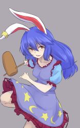 Rule 34 | 1girl, animal ears, blue dress, blue hair, commentary, crescent print, dress, earclip, frilled dress, frills, grey background, highres, kakone, kine, long hair, looking at viewer, low twintails, mallet, one-hour drawing challenge, open mouth, rabbit ears, rabbit girl, red eyes, seiran (touhou), short sleeves, simple background, solo, star (symbol), star print, touhou, twintails