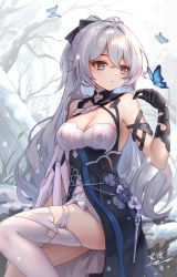 Rule 34 | 1girl, :o, absurdres, aged up, black gloves, blue butterfly, branch, breasts, bronya zaychik, bronya zaychik (silverwing: n-ex), bug, butterfly, cleavage, dress, gloves, grey eyes, grey hair, hair between eyes, hair ribbon, highres, honkai (series), honkai impact 3rd, insect, long hair, looking at another, outdoors, ribbon, single thighhigh, sleeveless, sleeveless dress, snow, snowing, solo, teeth, thighhighs, tree, white thighhighs, yelan xing xuan
