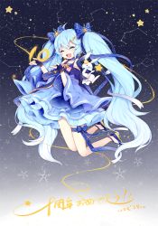 Rule 34 | 1girl, 1other, 39, ahoge, anniversary, bare shoulders, blue dress, blue gloves, blue hair, blue ribbon, collarbone, commentary, constellation, constellation costume, constellation print, dress, closed eyes, fingerless gloves, frilled dress, frills, full body, gloves, gradient hair, hair ornament, hair ribbon, hairclip, hands up, hatsune miku, highres, holding, layered dress, leg ribbon, legs up, long hair, making-of available, multicolored hair, musical note, musical note print, neck ribbon, night, night sky, nishina hima, open mouth, rabbit yukine, ribbon, sky, smile, star (sky), star (symbol), star hair ornament, starry background, thigh ribbon, translated, treble clef, twintails, very long hair, vocaloid, white hair, yuki miku, yuki miku (2017)