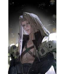 Rule 34 | 1boy, belt, black background, black belt, black coat, blue eyes, chest strap, coat, collarbone, final fantasy, final fantasy vii, final fantasy vii remake, grey hair, hashtag-only commentary, high collar, highres, light particles, long bangs, long hair, looking at viewer, male focus, parted bangs, parted lips, pectoral cleavage, pectorals, rainwangt, sephiroth, slit pupils, smile, solo, toned, toned male, upper body
