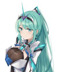 Rule 34 | 1girl, breasts, chest jewel, green eyes, green hair, highres, large breasts, long hair, pneuma (xenoblade), ponytail, sarasadou dan, simple background, solo, spoilers, swept bangs, tiara, white background, xenoblade chronicles (series), xenoblade chronicles 2