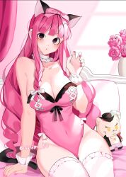Rule 34 | 1girl, alternate costume, animal ears, black eyes, blunt bangs, bow, braid, breasts, cat ears, cat tail, claw pose, cleavage, commentary, covered navel, cowboy shot, curtains, dracule mihawk, drill hair, english commentary, eyelashes, fake animal ears, fake tail, flower, frilled leotard, frilled thighhighs, frills, hair bow, joman, large breasts, leotard, lipstick, long hair, looking at viewer, makeup, nail polish, on bed, one piece, parted lips, perona, pink bow, pink flower, pink hair, pink leotard, pink nails, pink rose, red lips, rose, side braids, sidelocks, sitting, solo, strapless, strapless leotard, stuffed toy, tail, thighhighs, twitter username, vase, white thighhighs, wrist cuffs
