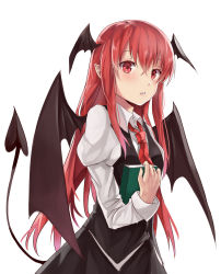 Rule 34 | 1girl, absurdres, book, collar, demon tail, demon wings, head wings, highres, holding, holding book, kani nyan, koakuma, long hair, looking at viewer, necktie, parted lips, pointy ears, red eyes, red hair, red necktie, simple background, solo, tail, touhou, upper body, very long hair, white background, white collar, wings