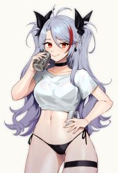 Rule 34 | 1girl, alternate costume, antenna hair, azur lane, bikini, black choker, breasts, can, choker, commentary request, cowboy shot, crop top, grey background, grey hair, hair between eyes, hand on own hip, hand up, highres, holding, holding can, long hair, looking at viewer, maitei roppa, medium breasts, midriff, navel, no pants, prinz eugen (azur lane), red eyes, red hair, shirt, short sleeves, side-tie bikini bottom, simple background, smile, solo, standing, stomach, string bikini, swimsuit, thigh strap, thighs, tied shirt, two side up, very long hair, white shirt