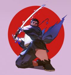 Rule 34 | 1boy, bara, brown footwear, bulge, facial hair, fat, fat man, full body, highres, holding, holding sword, holding weapon, japanese clothes, katana, kimono, lightning, lovesheng1314, male focus, muscular, original, serious, short hair, sideburns, simple background, solo, stubble, sword, thick eyebrows, thick thighs, thighs, torn clothes, torn kimono, weapon