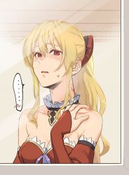 ... 1girl bare_shoulders black_bow blonde_hair blush bow breasts cleavage collarbone earrings granblue_fantasy hair_between_eyes hair_bow hair_ornament hickey highres implied_yuri jewelry large_breasts long_hair looking_at_mirror medium_breasts mirror miso-ha_(ukyuu) open_mouth ponytail red_eyes two-tone_bow vira_(granblue_fantasy)