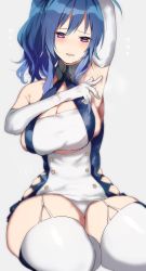 Rule 34 | 1girl, argyle, argyle clothes, argyle cutout, arm up, armpits, azur lane, bare shoulders, blue dress, blue hair, blush, breasts, buttons, cleavage, clothing cutout, dress, elbow gloves, garter straps, gloves, highres, large breasts, long hair, looking at viewer, open mouth, panties, ponytail, purple eyes, seiza, shirasu uni, sidelocks, simple background, sitting, solo, st. louis (azur lane), taut clothes, taut dress, thighhighs, thighs, two-tone dress, underboob cutout, underwear, upskirt, white dress, white gloves, white panties, white thighhighs