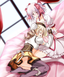 Rule 34 | 10s, 2girls, ass, bed, beret, blonde hair, blush, bow, choker, closed eyes, corset, detached sleeves, drill hair, dutch angle, fingerless gloves, gloves, hair bow, hat, heavy breathing, holding hands, kaname madoka, magical girl, mahou shoujo madoka magica, mahou shoujo madoka magica (anime), multiple girls, panties, panties around leg, pink eyes, pink hair, puffy sleeves, pussy juice, short hair, sitting, skirt, striped clothes, striped legwear, striped thighhighs, sweat, thighhighs, tomoe mami, twintails, underwear, vertical-striped clothes, vertical-striped legwear, vertical-striped thighhighs, white panties, yonekura kihiro, yuri