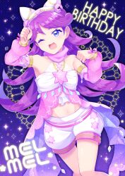 Rule 34 | 1girl, ;d, animal ears, animal hat, arm up, bare shoulders, blue background, blue eyes, cat ears, cat hat, character name, commentary request, crop top, dancer, fake animal ears, hand up, happy birthday, hat, highres, kiratto pri chan, long hair, looking at viewer, navel, one eye closed, open mouth, paw pose, pretty series, purple hair, rittai (hoka2shokupan), shido mel, shorts, smile, solo, sparkle, standing, very long hair, white shorts