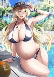 Rule 34 | 1girl, absurdres, anchor necklace, arm up, armband, baseball cap, bikini, blonde hair, blue eyes, breasts, hat, highres, huge breasts, iowa (kancolle), jewelry, kantai collection, kome cola, long hair, necklace, non-web source, palm tree, pool, pregnant, smile, source request, sparkle, star-shaped pupils, star (symbol), swimsuit, symbol-shaped pupils, tree, two-tone bikini, water