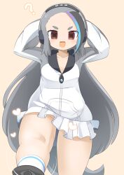 Rule 34 | 1girl, :d, arms behind head, bird tail, blue hair, blush, breasts, brown background, commentary request, dress, dyed bangs, empty eyes, feet out of frame, frilled skirt, frills, giant penguin (kemono friends), gradient hair, grey hair, grey sleeves, headphones, heart, highres, kemono friends, lets0020, long hair, looking at viewer, multicolored hair, open mouth, raglan sleeves, red eyes, simple background, skirt, small breasts, smile, socks, solo, tail, thick eyebrows, v-shaped eyebrows, very long hair, white dress, white socks