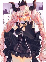 Rule 34 | 1girl, :d, black bow, black dress, black gloves, black horns, black nails, blush, bow, braid, breasts, cleavage, cowboy shot, crown, demon horns, detached sleeves, dress, fingerless gloves, floral print, ghost, gloves, h0g0s0y0k, hand on own hip, highres, horns, large breasts, long hair, looking at viewer, master detective archives: rain code, multicolored hair, nail polish, open mouth, pink eyes, pink hair, shinigami (ghost) (rain code), shinigami (rain code), sidelocks, smile, solo, sparkle, standing, swept bangs, teeth, twin braids, two-tone hair, upper teeth only, very long hair