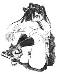 Rule 34 | 1girl, absurdres, animal ears, backpack, bag, blush, cat ears, commentary request, covered mouth, cross-laced footwear, crotch seam, fake animal ears, gagaimo, greyscale, head tilt, high tops, highres, holding, hugging own legs, legs, legs up, logo, long hair, long sleeves, miniskirt, monochrome, nike (company), original, panties, pantyshot, pleated skirt, pom pom (cheerleading), school uniform, shoes, sitting, skirt, sleeves past wrists, sneakers, socks, solo, sweater, thighs, traditional media, twintails, underwear