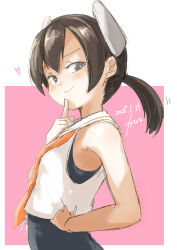 1girl absurdres artist_name black_hair black_one-piece_swimsuit breasts dated finger_to_mouth fyuo grey_eyes headgear highres i-41_(kancolle) kantai_collection low_ponytail medium_breasts neckerchief one-hour_drawing_challenge one-piece_swimsuit orange_neckerchief pink_background ponytail sailor_collar sailor_shirt shirt sleeveless sleeveless_shirt smile solo swimsuit two-tone_background upper_body white_sailor_collar white_shirt