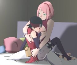 Rule 34 | 2girls, age difference, bare shoulders, bed, bed sheet, black gloves, black hair, black thighhighs, boruto: naruto next generations, breast sucking, breasts, closed eyes, closed mouth, dress, elbow gloves, facial mark, feet, female focus, fingerless gloves, forehead mark, forehead protector, glasses, gloves, green eyes, hairband, haruno sakura, headband, highres, hug, incest, knee up, looking at another, medium breasts, microdress, mother and daughter, multiple girls, naruto (series), nipples, on bed, optimystic, pants, parted lips, petite, pillow, pink hair, pouch, red-framed eyewear, red dress, red hairband, red headband, short hair, shorts, sleeveless, sleeveless dress, smile, spread legs, stirrup legwear, thigh pouch, thighhighs, thighs, toeless legwear, toes, uchiha sarada, uchiha symbol, white pants, white shorts, yuri