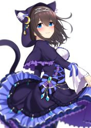 Rule 34 | 1girl, absurdres, animal hood, black hair, blue bow, blue capelet, blue dress, blue eyes, blurry, blush, bow, breasts, capelet, cat hood, cat tail, chain, closed mouth, crescent, crescent pin, cross-laced clothes, depth of field, diadem, dress, foreshortening, frills, from side, go-1, halloween costume, highres, hood, hooded capelet, idolmaster, idolmaster cinderella girls, jewelry, large breasts, long hair, long sleeves, looking at viewer, pendant, sagisawa fumika, simple background, smile, solo, spider web print, tail, white background