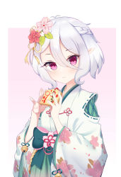 Rule 34 | 1girl, absurdres, bell, bow, braid, floral print, flower, green bow, hair between eyes, hair flower, hair ornament, hands up, heart, highres, holding, holding charm, japanese clothes, jingle bell, kimono, kokkoro (new year) (princess connect!), kokkoro (princess connect!), medium hair, parted lips, pink eyes, pointy ears, princess connect!, ribbon, simple background, solo, upper body, v, white hair, white kimono, yinori