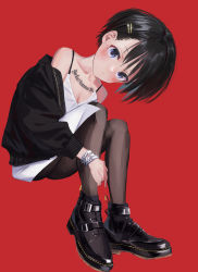 Rule 34 | 1girl, absurdres, ankle boots, bad id, bad twitter id, bare shoulders, black footwear, black hair, black jacket, boots, breasts, brown pantyhose, camisole, chest tattoo, cleavage, closed mouth, full body, gishiki (gshk), hair ornament, hairclip, highres, jacket, long sleeves, looking at viewer, original, pantyhose, purple eyes, red background, short hair, simple background, small breasts, solo, tattoo, white camisole