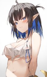 Rule 34 | 1girl, absurdres, ahoge, arknights, arms behind back, bare shoulders, black hair, blue eyes, blush, breasts, bright pupils, cleavage, closed mouth, collarbone, colored inner hair, covered erect nipples, crop top, earrings, eunectes (arknights), eunectes (forgemaster) (arknights), frown, gradient background, highres, id card, jewelry, lanyard, looking at viewer, medium breasts, medium hair, midriff, multicolored hair, navel, no bra, official alternate costume, one side up, panty straps, pointy ears, see-through silhouette, shirt, simple background, snake tail, solo, sutei (arece15), tail, tassel, tassel earrings, tsurime, underboob, upper body, white shirt