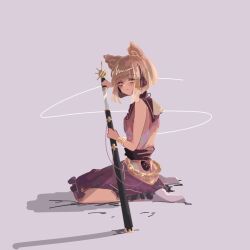 Rule 34 | 1girl, 87ilil, belt, brown dress, brown eyes, brown hair, closed mouth, dress, earmuffs, from side, full body, grey background, highres, holding, holding sword, holding weapon, looking at viewer, purple skirt, sheath, short hair, simple background, sitting, skirt, sleeveless, sleeveless dress, socks, solo, sword, touhou, toyosatomimi no miko, weapon, white socks
