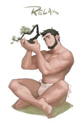 Rule 34 | 1boy, absurdres, bara, beard, black hair, branch, bulge, closed mouth, facial hair, flower, fundoshi, highres, holding, holding branch, indian style, japanese clothes, large pectorals, male focus, muscular, muscular male, original, pectorals, powerlesssong, short hair, sitting, smile, solo, white flower