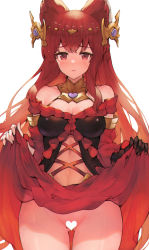 Rule 34 | 1girl, anthuria, bad id, bad pixiv id, bare shoulders, black gloves, blush, breasts, censored, center opening, cleavage, clothes lift, commentary request, cowboy shot, detached sleeves, erune, gloves, gluteal fold, gradient hair, granblue fantasy, hair ornament, heart, heart censor, highres, koretsuki azuma, lifting own clothes, long hair, long sleeves, looking at viewer, medium breasts, multicolored hair, no panties, orange hair, parted lips, red eyes, red hair, red skirt, sidelocks, skirt, skirt lift, solo, very long hair