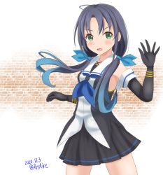 Rule 34 | 1girl, ame-san, black gloves, black serafuku, black skirt, blue hair, blue neckerchief, breasts, brick wall, collared shirt, cosplay, dated, elbow gloves, eyebrows, gloves, green eyes, highres, kantai collection, long hair, low twintails, neckerchief, open mouth, pleated skirt, ribbon, school uniform, serafuku, shirt, skirt, sleeveless, sleeveless shirt, small breasts, smile, solo, suzukaze (kancolle), twintails, twitter username, umikaze (kancolle), umikaze (kancolle) (cosplay), wall