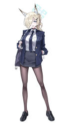 Rule 34 | 1girl, absurdres, animal ear fluff, animal ears, black footwear, black necktie, black pantyhose, blonde hair, blue archive, blue eyes, blue halo, blush, breasts, collared shirt, extra ears, halo, highres, kanna (blue archive), large breasts, long hair, long sleeves, necktie, open mouth, pantyhose, shirt, shoes, simple background, solo, visu 02, white background, white shirt