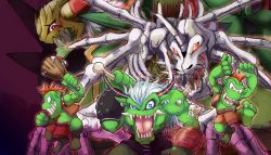 Rule 34 | armor, artist request, clenched teeth, club (weapon), digimon, digimon (creature), evolution, evolutionary line, fighting, giant, goburimon, highres, holding, holding sword, holding weapon, horns, looking at viewer, multiple boys, muscular, no humans, orgemon, scar, sharp teeth, size difference, skeleton, skullgreymon, sword, teeth, titamon, weapon