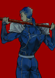 Rule 34 | 1boy, armor, holding behind back, blue hair, bodysuit, cu chulainn (fate), cu chulainn (fate/stay night), edwintarm, fate/grand order, fate/stay night, fate (series), from behind, gae bolg (fate), highres, holding, holding polearm, holding weapon, long hair, male focus, pauldrons, polearm, ponytail, red eyes, shoulder armor, solo, spear, weapon