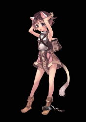 Rule 34 | 1girl, animal ears, armpits, arms up, bare shoulders, boots, brown eyes, brown hair, cat ears, cat tail, cuffs, full body, novice (ragnarok online), okishi jien, okishiji en, open mouth, ragnarok online, short hair, simple background, solo, tail