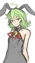Rule 34 | 1girl, ahoge, animal ears, arceonn, arms behind back, bare shoulders, bell, borrowed character, breasts, dress, green hair, heart, heart ahoge, highres, original, rabbit ears, ribbon, sketch, small breasts, smile, solo, yellow eyes