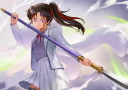 Rule 34 | 1girl, alternate costume, artist request, black hair, closed mouth, han&#039;you no yashahime, highres, inuyasha, long hair, looking at viewer, multicolored hair, polearm, ponytail, ribbon, school uniform, setsuna (inuyasha), simple background, skirt, solo, spear, streaked hair, weapon