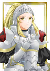 Rule 34 | 1girl, absurdres, armor, blonde hair, border, closed mouth, fire emblem, fire emblem engage, full armor, gauntlets, hand on own chest, helmet, highres, jade (fire emblem), long hair, long sleeves, looking at viewer, midori no baku, nintendo, pauldrons, plate armor, ponytail, serious, shoulder armor, simple background, solo, twitter username, very long hair, visor (armor), white background, yellow eyes