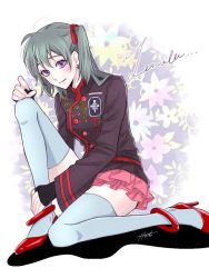 Rule 34 | 1girl, anklet, black jacket, black order uniform, blue thighhighs, blush, character name, closed mouth, d.gray-man, earrings, grey hair, hair between eyes, hair ribbon, hairock3150, high heels, jacket, jewelry, layered skirt, lenalee lee, long hair, long sleeves, looking at viewer, military, military jacket, military uniform, miniskirt, pink skirt, pleated skirt, pumps, purple eyes, red footwear, red ribbon, ribbon, signature, sitting, skirt, smile, solo, thighhighs, twintails, uniform, white background, zettai ryouiki