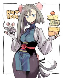 Rule 34 | 1girl, 2020, animal, animal ears, blue eyes, border, cheese, chinese zodiac, closed mouth, earrings, food, fruit, grey background, grey hair, hair between eyes, happy new year, highres, holding, holding animal, holding food, jewelry, long hair, looking at viewer, mouse (animal), mouse ears, mouse tail, new year, orange (fruit), original, sasami (ki), simple background, single earring, sleeves past wrists, solo, tail, thigh gap, turtleneck, very long hair, year of the rat