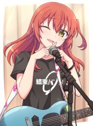 Rule 34 | 1girl, ;d, black shirt, blush, bocchi the rock!, clothes writing, collarbone, e20, electric guitar, green eyes, guitar, hair between eyes, head tilt, highres, instrument, kita ikuyo, looking at viewer, microphone, microphone stand, one eye closed, one side up, open mouth, outside border, red hair, shirt, short sleeves, smile, solo, sweat, upper body, x fingers