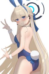 Rule 34 | 1girl, 4kebidayo, absurdres, animal ears, ass, backless leotard, bare back, bare shoulders, blonde hair, blue archive, blue bow, blue hair, blue hairband, blue leotard, bow, braid, breasts, detached collar, earpiece, fake animal ears, fake tail, french braid, from behind, hair bow, hairband, halo, highleg, highleg leotard, highres, leotard, long hair, looking at viewer, looking back, medium breasts, multicolored hair, official alternate costume, playboy bunny, rabbit ears, rabbit pose, rabbit tail, simple background, solo, strapless, strapless leotard, streaked hair, tail, toki (blue archive), toki (bunny) (blue archive), very long hair, white background, wrist cuffs