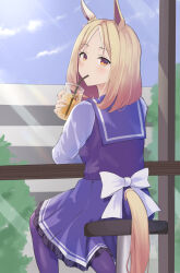 Rule 34 | 1girl, absurdres, animal ears, back bow, blonde hair, blue sky, bow, building, clothing cutout, commentary request, cup, disposable cup, drinking, drinking straw, drinking straw in mouth, ear covers, ear ornament, feet out of frame, gradient eyes, hanba agu, highres, horse ears, horse girl, horse tail, ice, ice cube, long sleeves, looking at viewer, looking back, medium hair, multicolored eyes, narita top road (umamusume), petticoat, pleated skirt, purple serafuku, purple shirt, purple skirt, sailor collar, school uniform, serafuku, shirt, single ear cover, sitting, skirt, sky, solo, stool, table, tail, tail through clothes, tracen school uniform, tree, umamusume, white bow, window, winter uniform