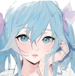 Rule 34 | 1girl, alternate costume, alternate hair ornament, blue eyes, blue hair, close-up, collared shirt, eyebrows, eyelashes, eyes visible through hair, hair between eyes, hair ornament, hair ribbon, hatsune miku, head rest, lips, long hair, looking at viewer, nostrils, parted lips, portrait, purple ribbon, ribbon, sanpaku, shirt, sidelocks, simple background, sketch, solo, tsurime, twintails, uomi (eqtjc), vocaloid, white background, white shirt