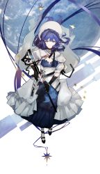 Rule 34 | 1girl, absurdres, annnnq, arknights, astesia (arknights), astesia (starseeker) (arknights), belt, blue eyes, blue hair, breasts, bright pupils, cleavage, dark blue hair, dress, earth (planet), frills, gloves, high heels, highres, holding, holding sword, holding weapon, layered dress, long hair, looking at viewer, planet, smile, solo, star (symbol), starry sky print, sword, telescope, weapon, white background, white pupils
