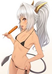 Rule 34 | 10s, 1girl, bare arms, bare shoulders, bikini, black bikini, breasts, cowboy shot, dark-skinned female, dark skin, fingernails, food, food request, from side, gradient background, hand on own hip, highres, holding, holding food, horns, long hair, looking at viewer, micro bikini, nail polish, navel, original, pink nails, ponytail, red eyes, sausage, sharp fingernails, side-tie bikini bottom, silver hair, slit pupils, small breasts, solo, standing, swimsuit, tail, takunomi, tan, tongue, tongue out, ursula (takunomi), white background