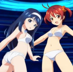 Rule 34 | 2girls, ass, blue eyes, blue hair, blush, bra, brown eyes, brown hair, docking (vividred operation), futaba aoi (vividred operation), hairband, isshiki akane, long hair, looking at viewer, looking back, miastral violet, multiple girls, open mouth, outstretched arms, panties, short hair, smile, spread arms, twintails, underwear, underwear only, vividred operation