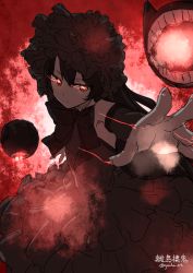 Rule 34 | 10s, 1girl, abyssal ship, black dress, black hair, bonnet, character name, colored skin, dress, enoshito, floating fortress (kancolle), frills, glowing, glowing eyes, image sample, isolated island oni, kantai collection, long hair, orange eyes, outstretched arm, red eyes, solo, twitter username, white skin