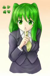 Rule 34 | 1girl, 4chan, anonymous (4chan), black jacket, black skirt, clover, drawfag, finger to mouth, formal, four-leaf clover, gradient background, green eyes, green hair, imageboard colors, imageboard desourced, jacket, necktie, non-web source, personification, shiny clothes, shushing, skirt, suit, suit jacket, twintails, yellow background, yellow neckwear