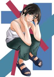 Rule 34 | 1girl, aqua eyes, arm support, bare shoulders, black hair, blue footwear, full body, green pants, hand in own hair, highres, looking at viewer, no nose, original, pants, sandals, shirt, short hair, sleeveless, sleeveless shirt, smile, solo, spaghetti strap, thick eyebrows, white shirt, yoshiopon