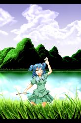 Rule 34 | 1girl, :d, ^ ^, arm up, bad id, bad pixiv id, blue hair, cattail, closed eyes, cloud, day, closed eyes, female focus, grass, hair bobbles, hair ornament, highres, kawashiro nitori, lake, letterboxed, mountain, no headwear, no headwear, open mouth, plant, reeds, short hair, short twintails, skirt, skirt set, smile, solo, sudou noboru, touhou, twintails, two side up