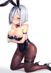 Rule 34 | 10s, 1girl, alternate costume, bare shoulders, black footwear, blue eyes, blush, bow, bowtie, breasts, cleavage, collar, covered erect nipples, eyes visible through hair, gloves, hair ornament, hair over one eye, hairclip, hamakaze (kancolle), heart, heart-shaped lock, heart lock (kantai collection), high heels, highres, kantai collection, kneeling, large breasts, leotard, lock, pantyhose, playboy bunny, satou kuuki, shiny clothes, shoes, short hair, silver hair, solo, thighband pantyhose, white gloves, wrist cuffs