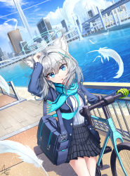 Rule 34 | 1girl, absurdres, animal ear fluff, animal ears, arm up, bag, bicycle, blazer, blue archive, blue bag, blue eyes, blue jacket, blue necktie, blue scarf, building, city, cityscape, cloud, collared shirt, cross hair ornament, dasoin, dated, day, earrings, feathers, grey hair, grey skirt, hair between eyes, hair ornament, halo, highres, id card, jacket, jewelry, long sleeves, looking at viewer, medium hair, mismatched pupils, necktie, open clothes, open jacket, parted lips, pavement, plaid, plaid skirt, railing, sand, scarf, school bag, shiroko (blue archive), shirt, shirt tucked in, signature, skirt, sky, skyscraper, solo, striped clothes, striped scarf, stud earrings, water, white shirt, wind, wolf ears